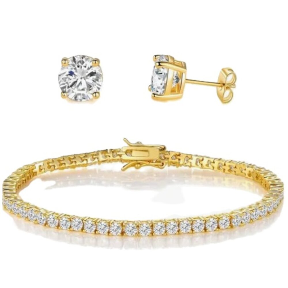 18k Rhodium Electro-Plated Tennis Bracelet & Earring Lab Created Cubic Zirconia